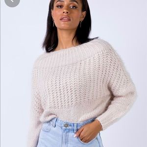 grey cable knit off the shoulder sweater